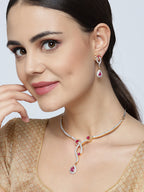 Priyaasi Women Pink Ruby American Diamond Gold-Polished Jewellery Set - Swadesiicart