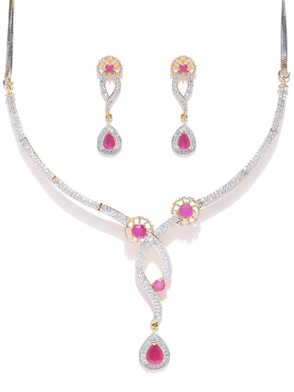 Priyaasi Women Pink Ruby American Diamond Gold-Polished Jewellery Set - Swadesiicart