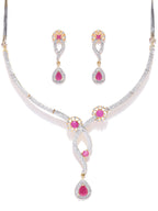 Priyaasi Women Pink Ruby American Diamond Gold-Polished Jewellery Set - Swadesiicart