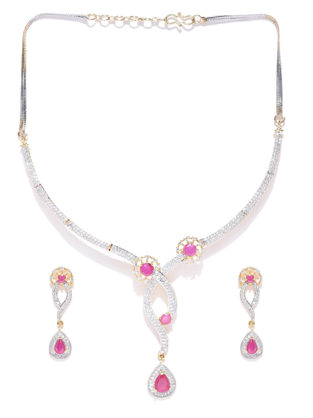 Priyaasi Women Pink Ruby American Diamond Gold-Polished Jewellery Set - Swadesiicart