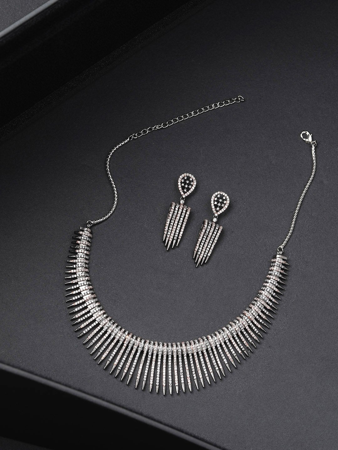 Priyaasi Women Black American Diamond Rhodium Plated Linear Jewellery Set - Swadesiicart