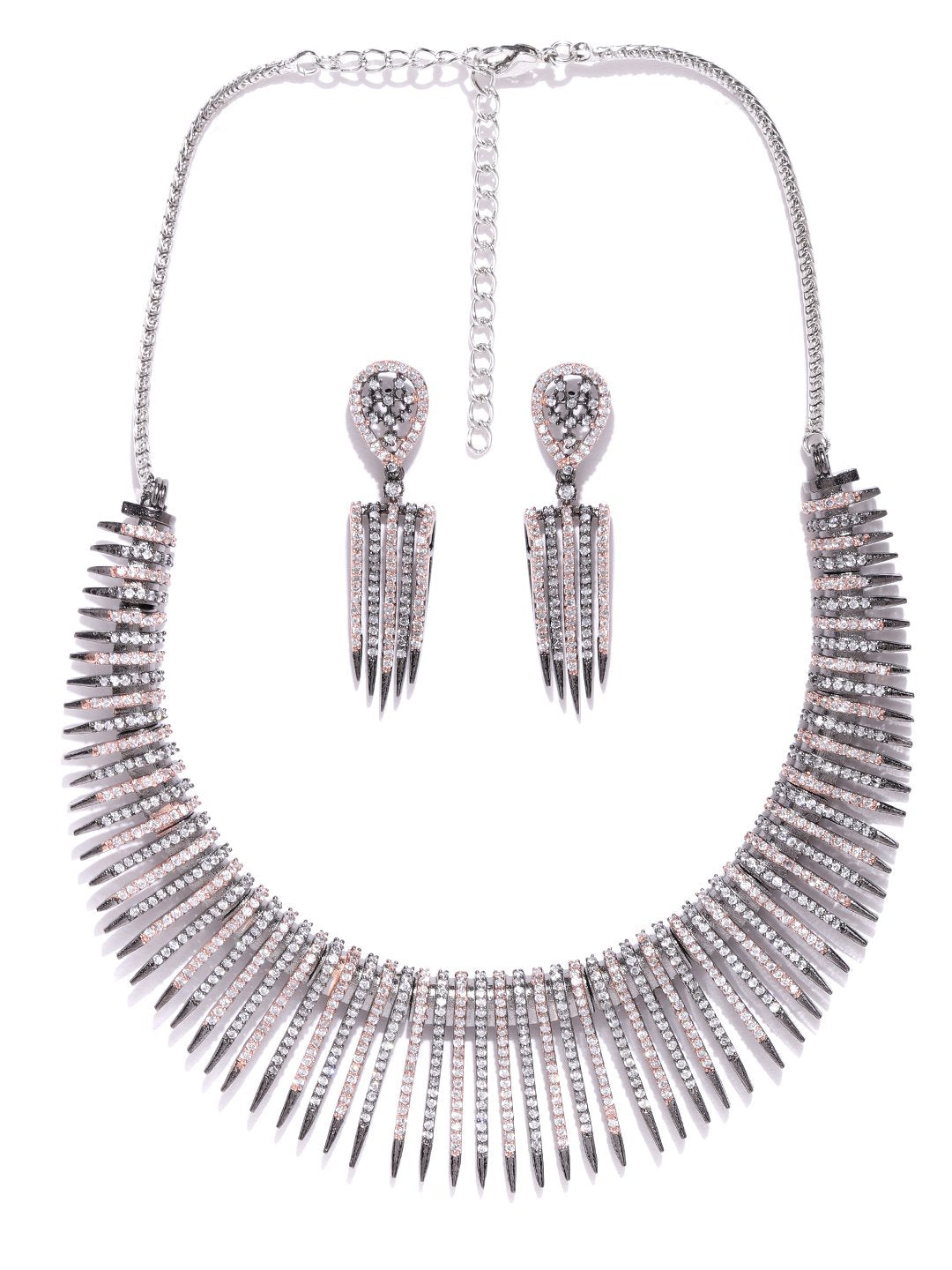 Priyaasi Women Black American Diamond Rhodium Plated Linear Jewellery Set - Noz2Toz