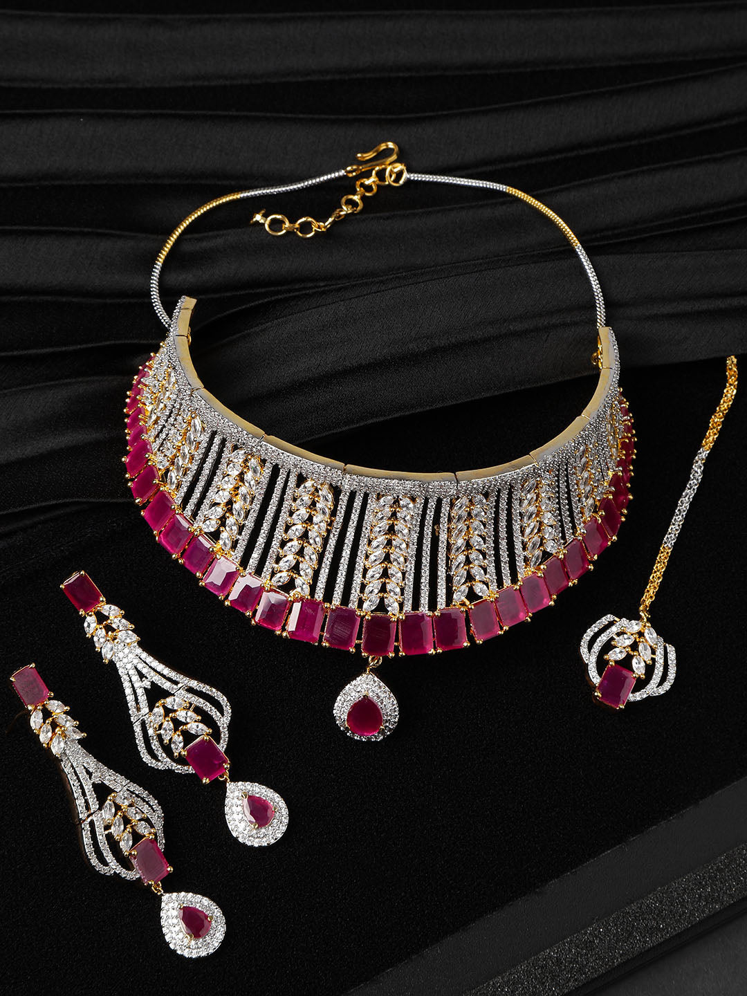 Priyaasi Women Pink Ruby American Diamond MaangTikka Jewellery Set - Noz2Toz