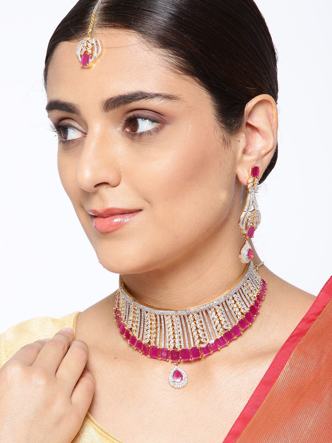 Priyaasi Women Pink Ruby American Diamond MaangTikka Jewellery Set - Swadesiicart