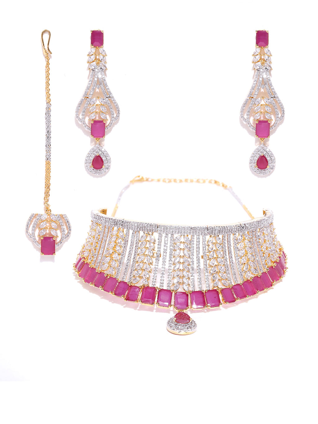 Priyaasi Women Pink Ruby American Diamond MaangTikka Jewellery Set - Swadesiicart