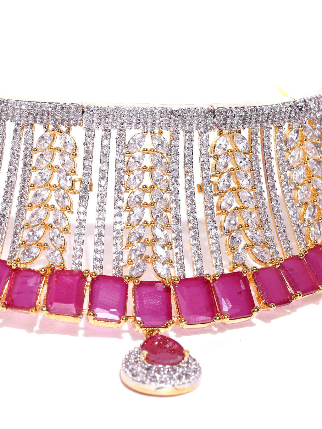 Priyaasi Women Pink Ruby American Diamond MaangTikka Jewellery Set - Swadesiicart