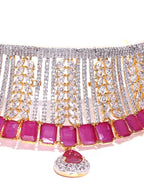 Priyaasi Women Pink Ruby American Diamond MaangTikka Jewellery Set - Swadesiicart