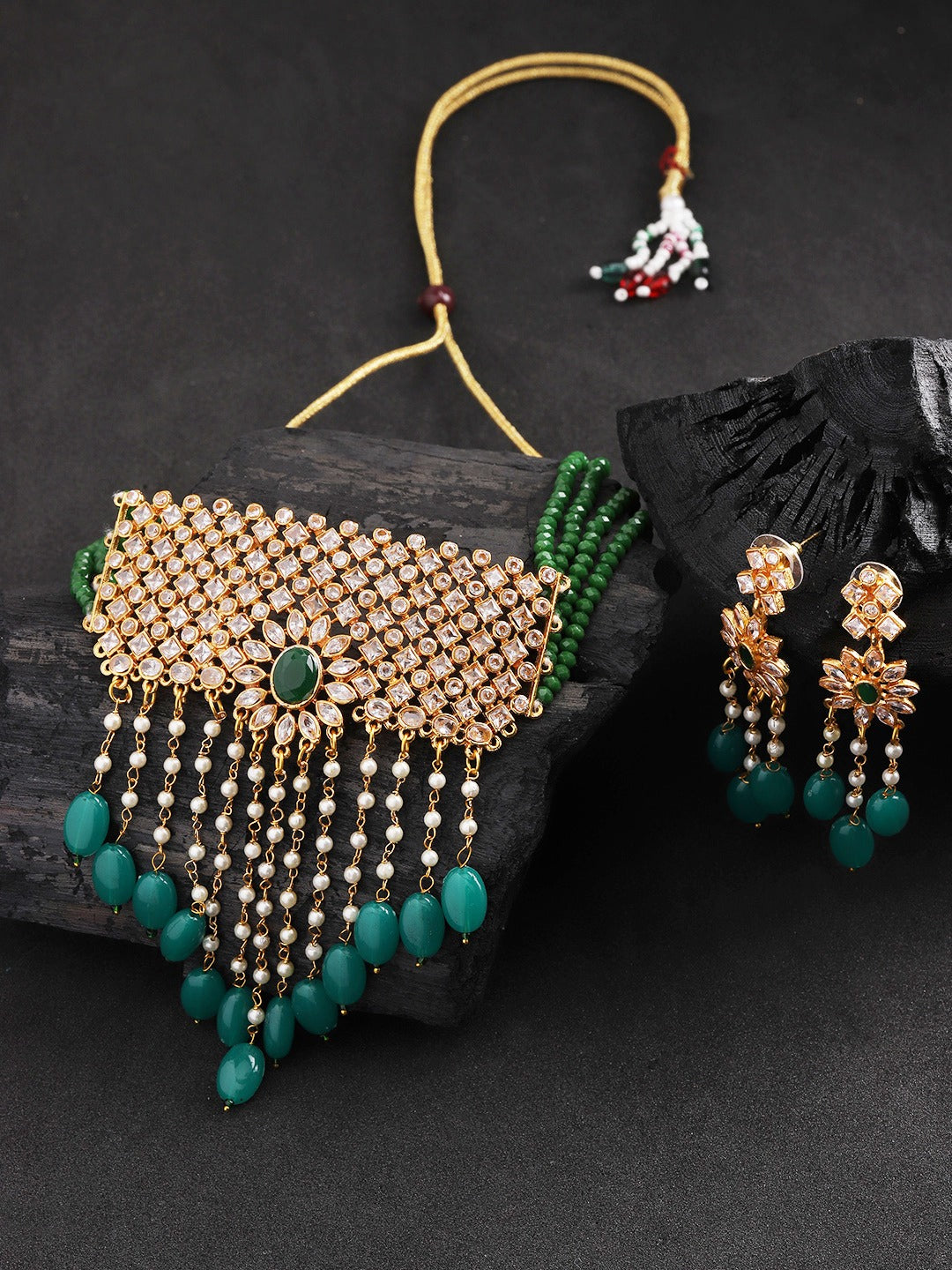 Priyaasi Women Green Beads Kundan Emerald Gold-Polished Jewellery Set - Swadesiicart
