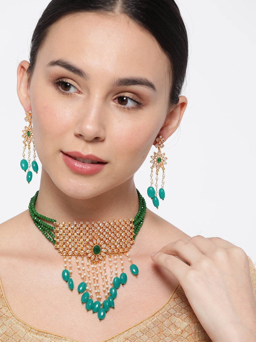 Priyaasi Women Green Beads Kundan Emerald Gold-Polished Jewellery Set - Swadesiicart