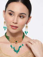 Priyaasi Women Green Beads Kundan Emerald Gold-Polished Jewellery Set - Swadesiicart