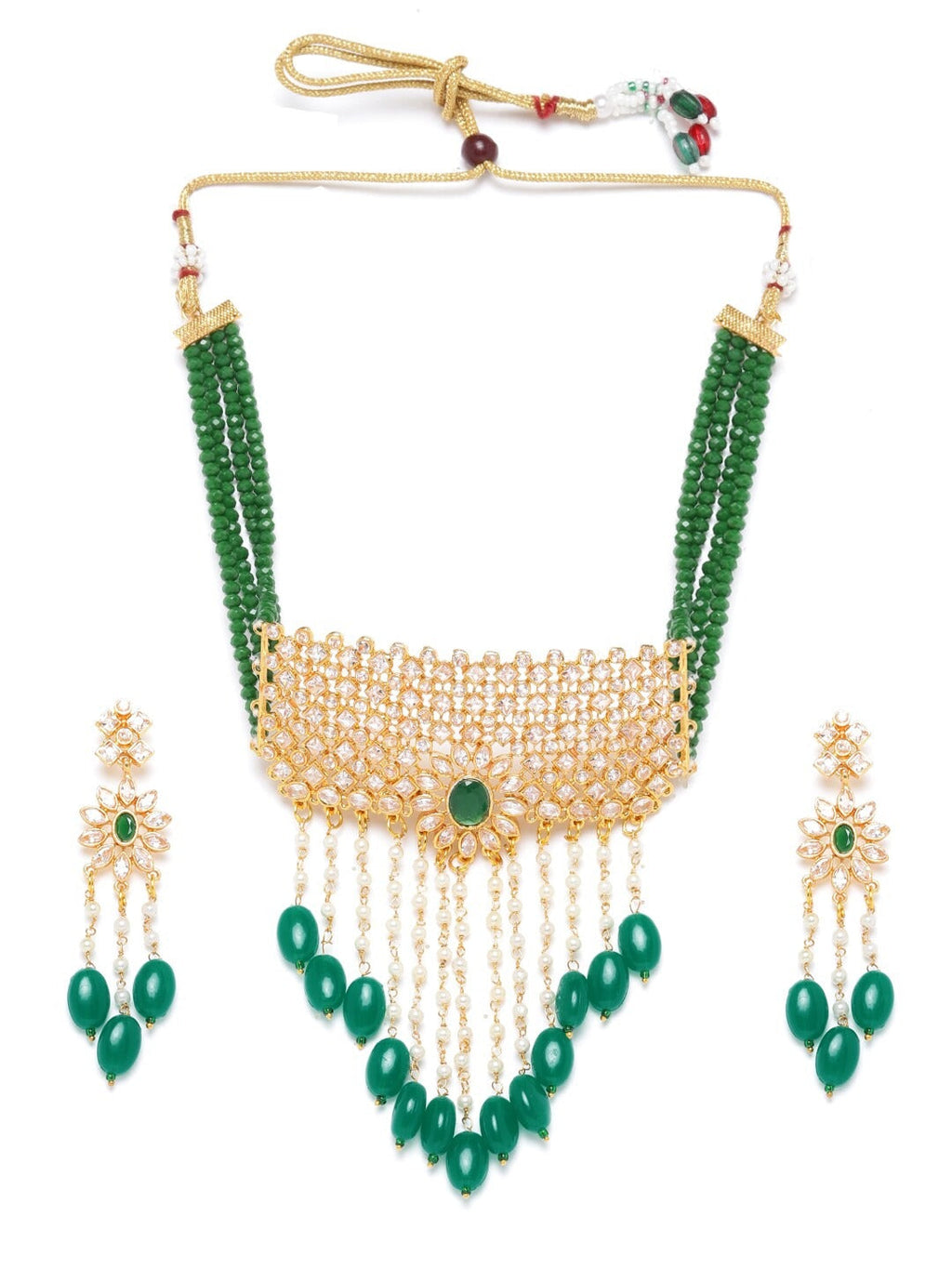 Priyaasi Women Green Beads Kundan Emerald Gold-Polished Jewellery Set - Swadesiicart