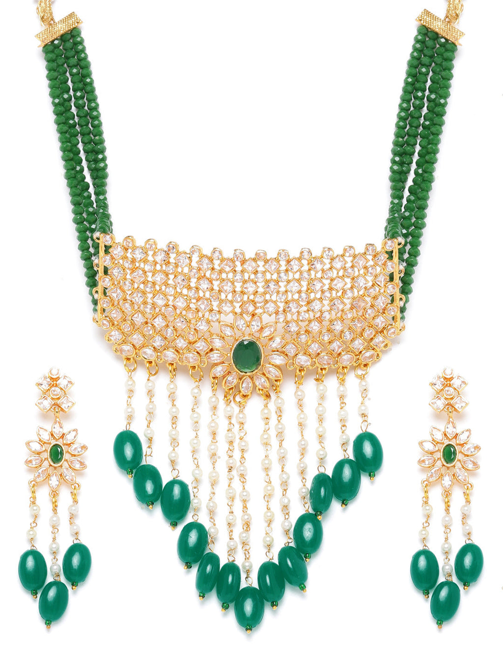 Priyaasi Women Green Beads Kundan Emerald Gold-Polished Jewellery Set - Noz2Toz