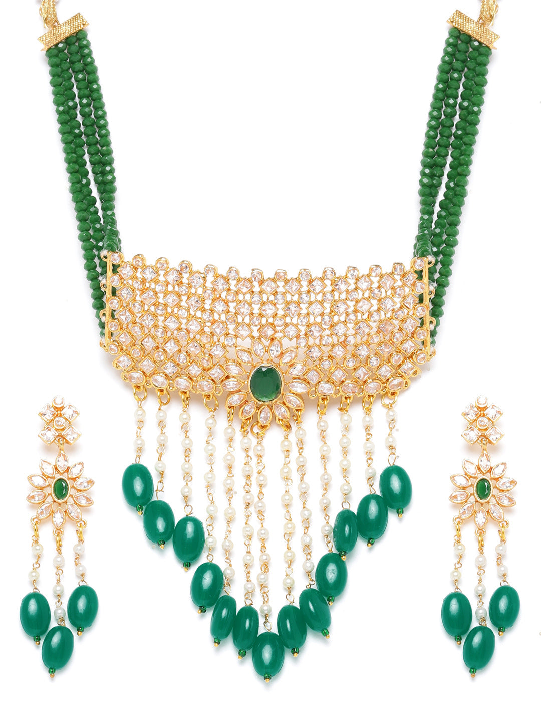 Priyaasi Women Green Beads Kundan Emerald Gold-Polished Jewellery Set - Noz2Toz