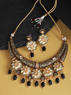 Priyaasi Women Black Beaded Kundan Gold-Polished Floral Jewellery Set - Noz2Toz