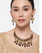 Priyaasi Women Black Beaded Kundan Gold-Polished Floral Jewellery Set - Swadesiicart