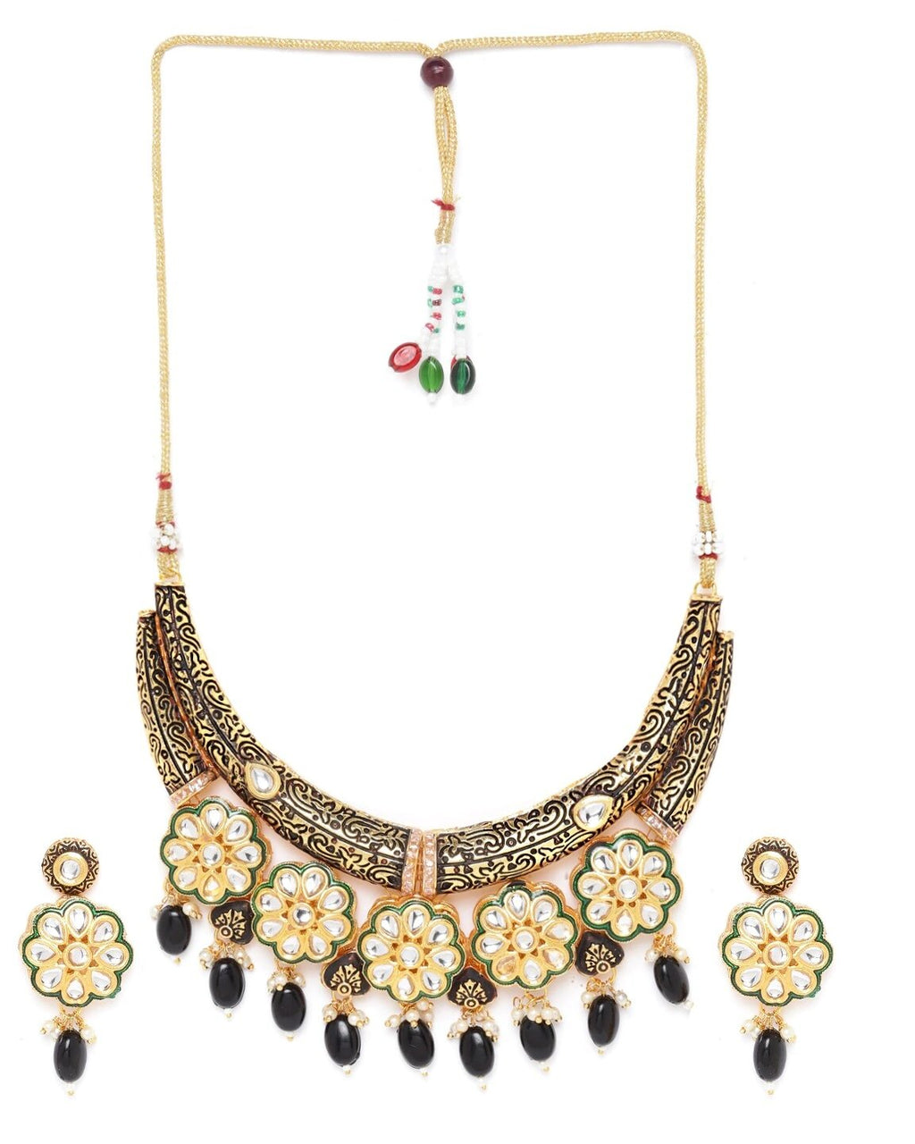 Priyaasi Women Black Beaded Kundan Gold-Polished Floral Jewellery Set - Swadesiicart