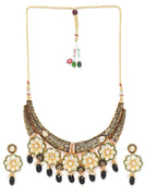Priyaasi Women Black Beaded Kundan Gold-Polished Floral Jewellery Set - Swadesiicart
