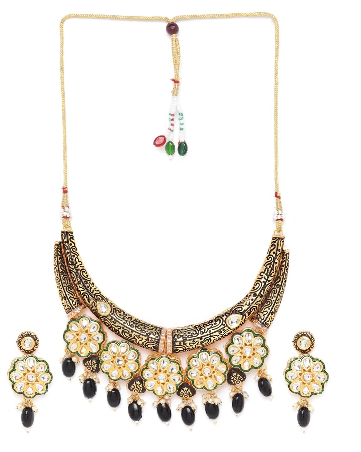 Priyaasi Women Black Beaded Kundan Gold-Polished Floral Jewellery Set - Swadesiicart