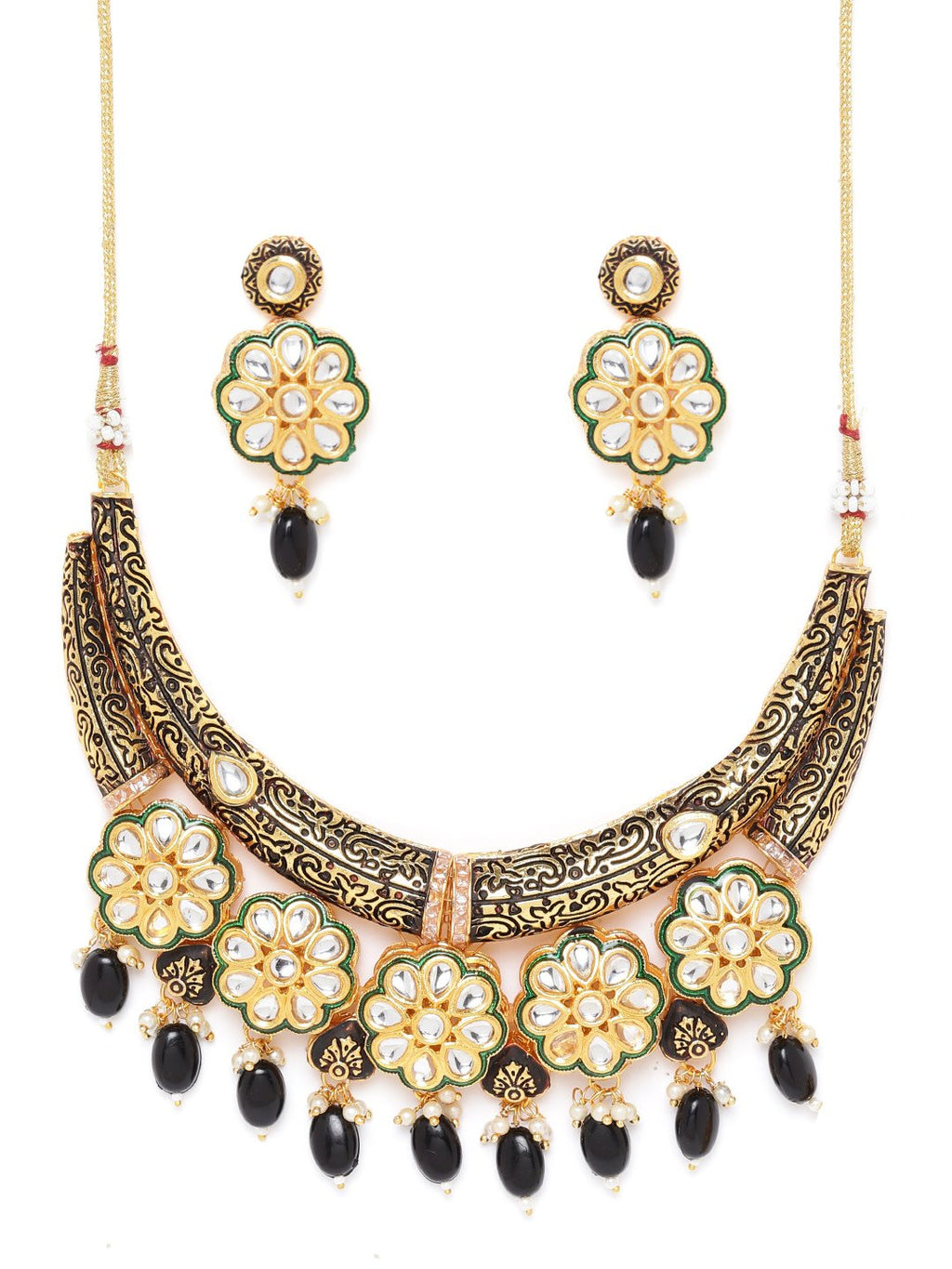 Priyaasi Women Black Beaded Kundan Gold-Polished Floral Jewellery Set - Swadesiicart