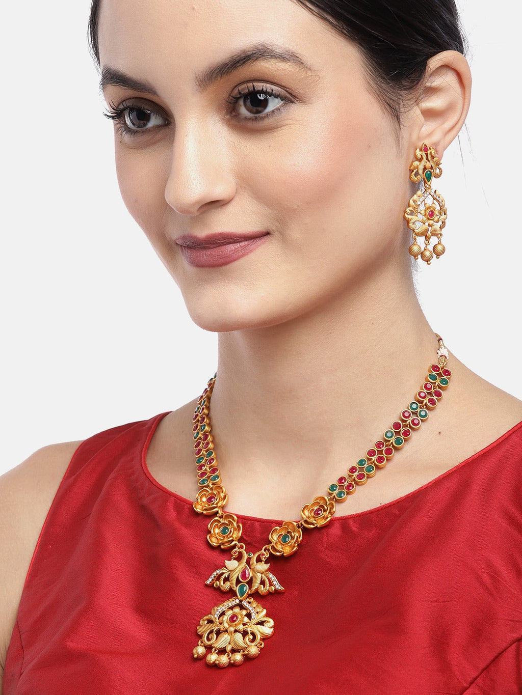 Priyaasi Women Ruby Emerald Beads Gold-Polished Floral Peacock Jewellery Set - Swadesiicart