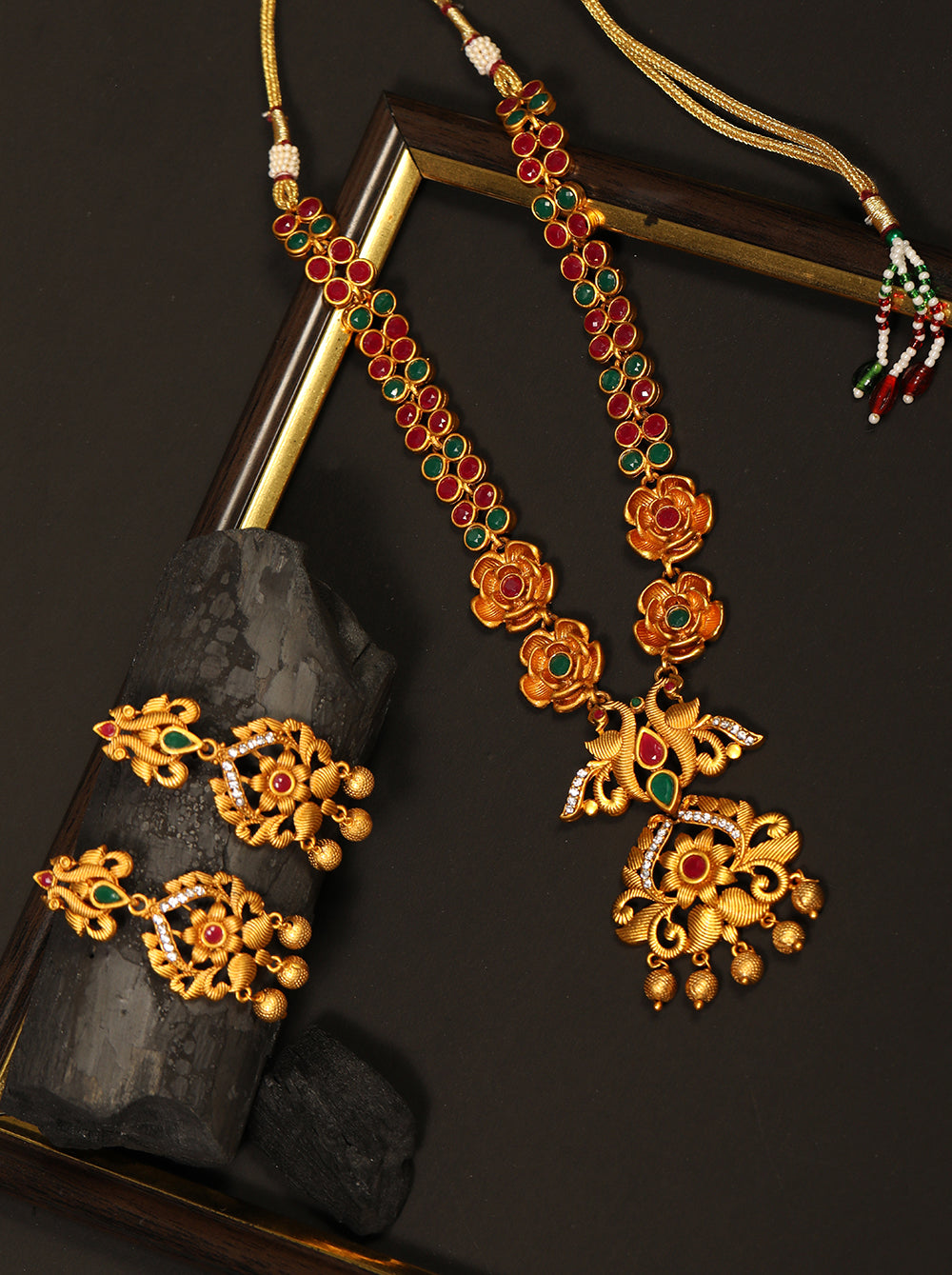 Priyaasi Women Ruby Emerald Beads Gold-Polished Floral Peacock Jewellery Set - Noz2Toz