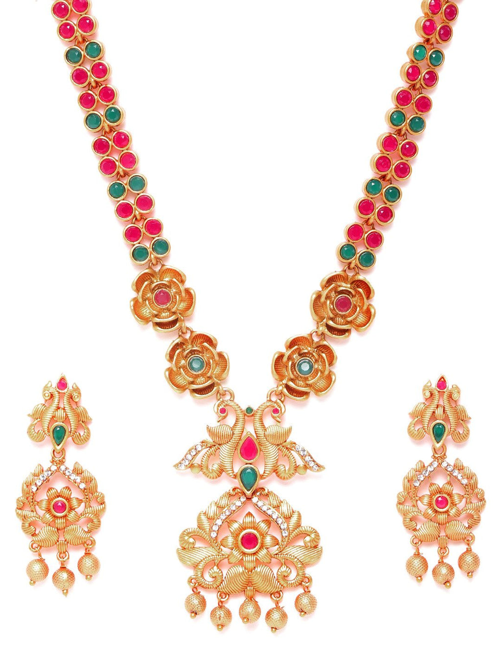 Priyaasi Women Ruby Emerald Beads Gold-Polished Floral Peacock Jewellery Set - Swadesiicart