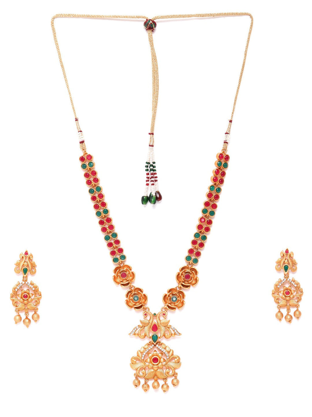 Priyaasi Women Ruby Emerald Beads Gold-Polished Floral Peacock Jewellery Set - Swadesiicart