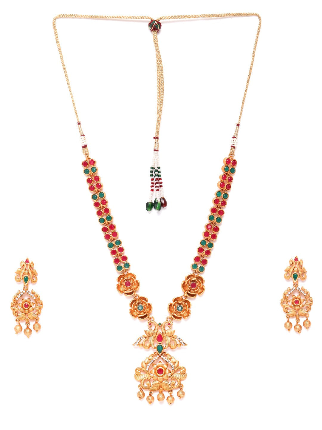 Priyaasi Women Ruby Emerald Beads Gold-Polished Floral Peacock Jewellery Set - Swadesiicart