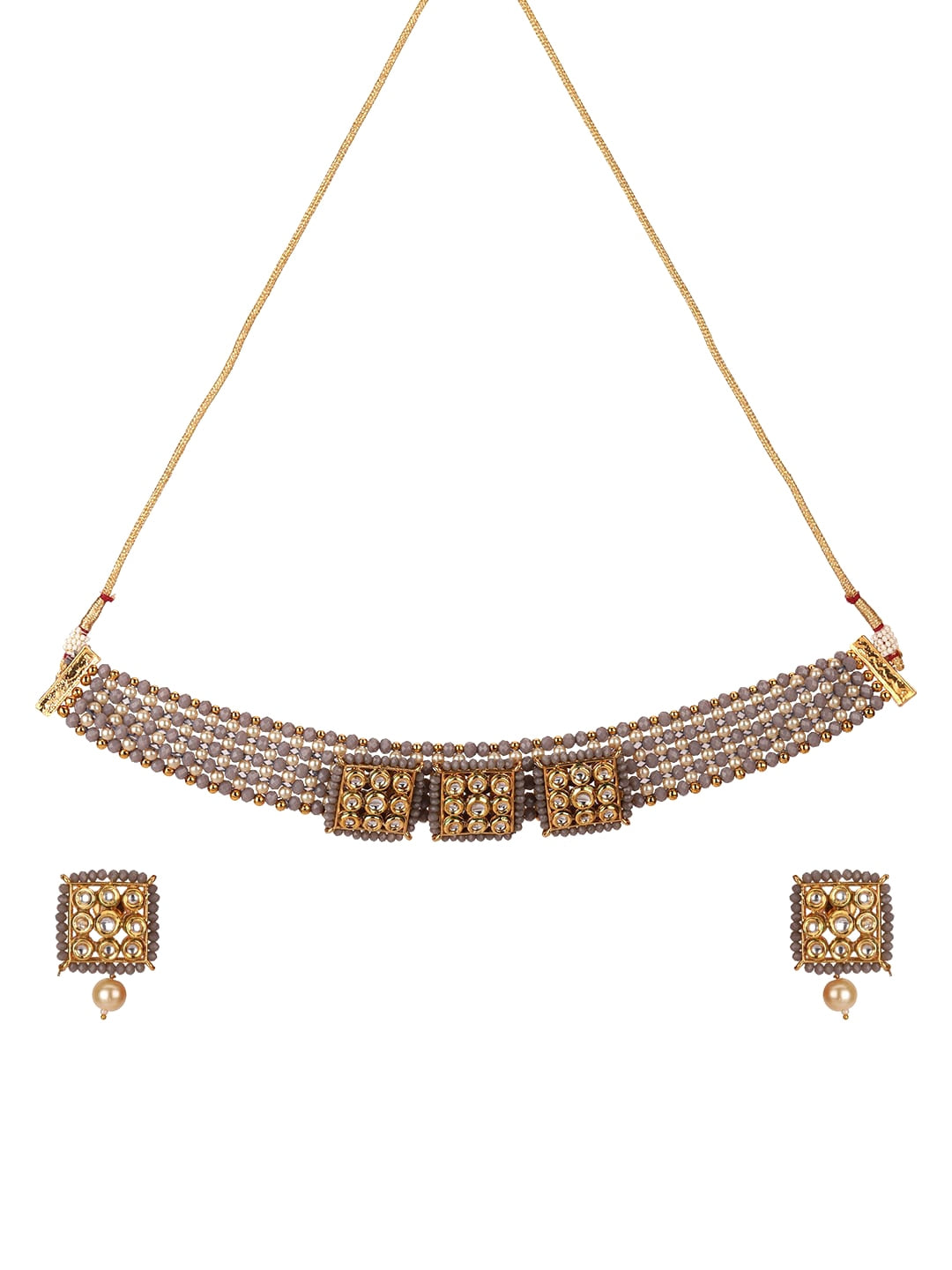 Priyaasi Women Grey Beads Kundan Pearls Gold-Polished Jewellery Set - Swadesiicart