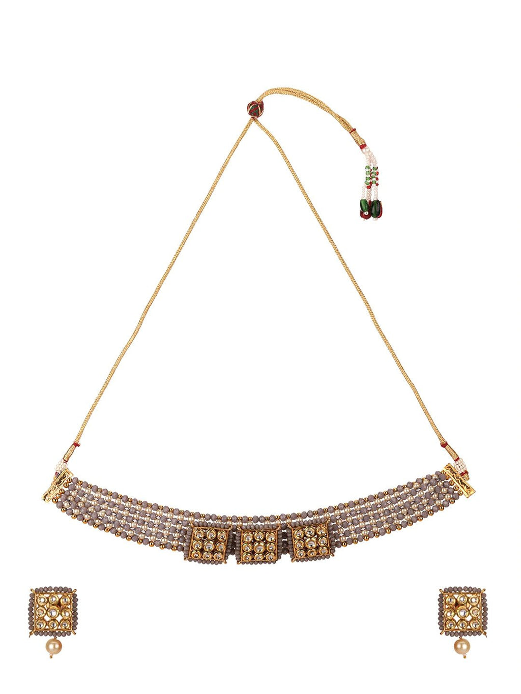 Priyaasi Women Grey Beads Kundan Pearls Gold-Polished Jewellery Set - Swadesiicart