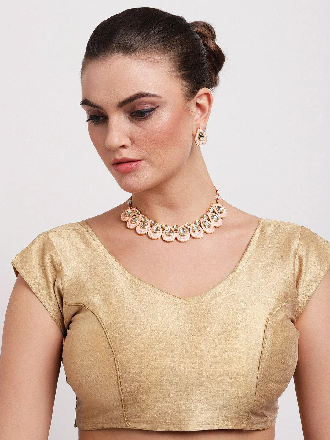 Priyaasi Women Pink Kundan Gold-Polished Paisley Jewellery Set - Swadesiicart