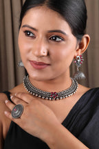 Priyaasi Women Ruby German Silver Oxidised Peacock Jewellery Set & Ring - Swadesiicart