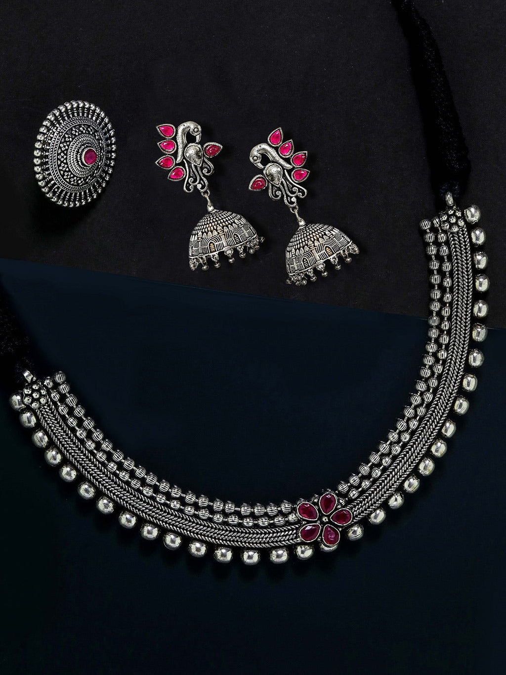 Priyaasi Women Ruby German Silver Oxidised Peacock Jewellery Set & Ring - Noz2Toz