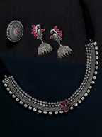 Priyaasi Women Ruby German Silver Oxidised Peacock Jewellery Set & Ring - Noz2Toz