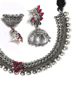 Priyaasi Women Ruby German Silver Oxidised Peacock Jewellery Set & Ring - Swadesiicart