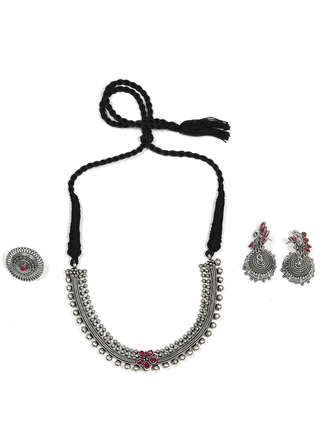 Priyaasi Women Ruby German Silver Oxidised Peacock Jewellery Set & Ring - Swadesiicart