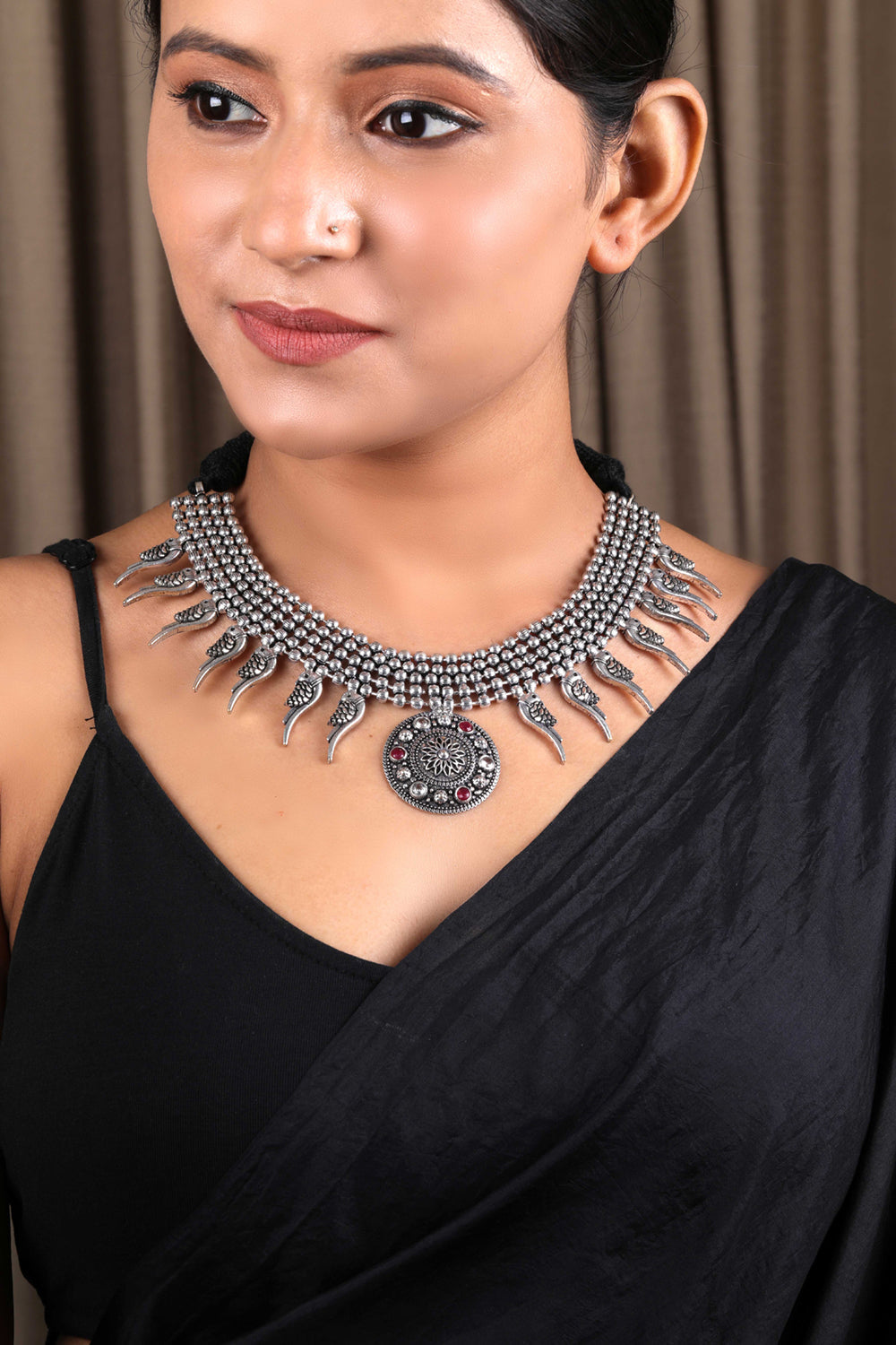 Priyaasi Women Ruby German Silver Oxidised Jewellery Set - Swadesiicart