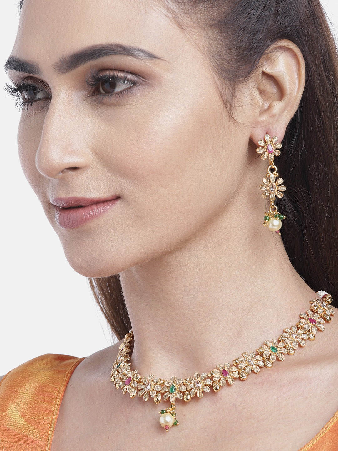 Priyaasi Women Ruby Emerald Stones Pearls Gold-Polished Floral Jewellery Set - Swadesiicart