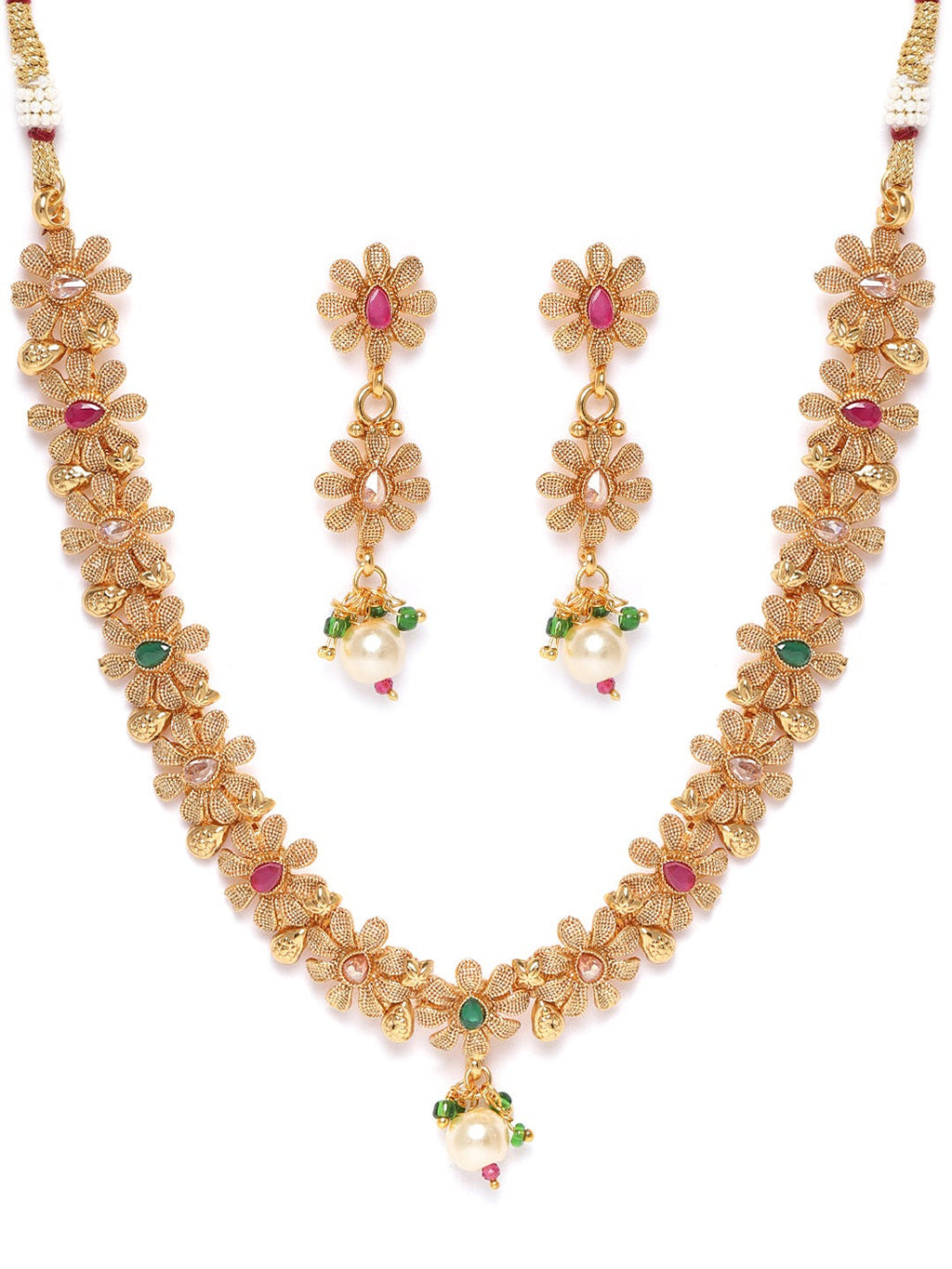 Priyaasi Women Ruby Emerald Stones Pearls Gold-Polished Floral Jewellery Set - Swadesiicart