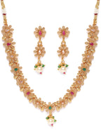 Priyaasi Women Ruby Emerald Stones Pearls Gold-Polished Floral Jewellery Set - Swadesiicart