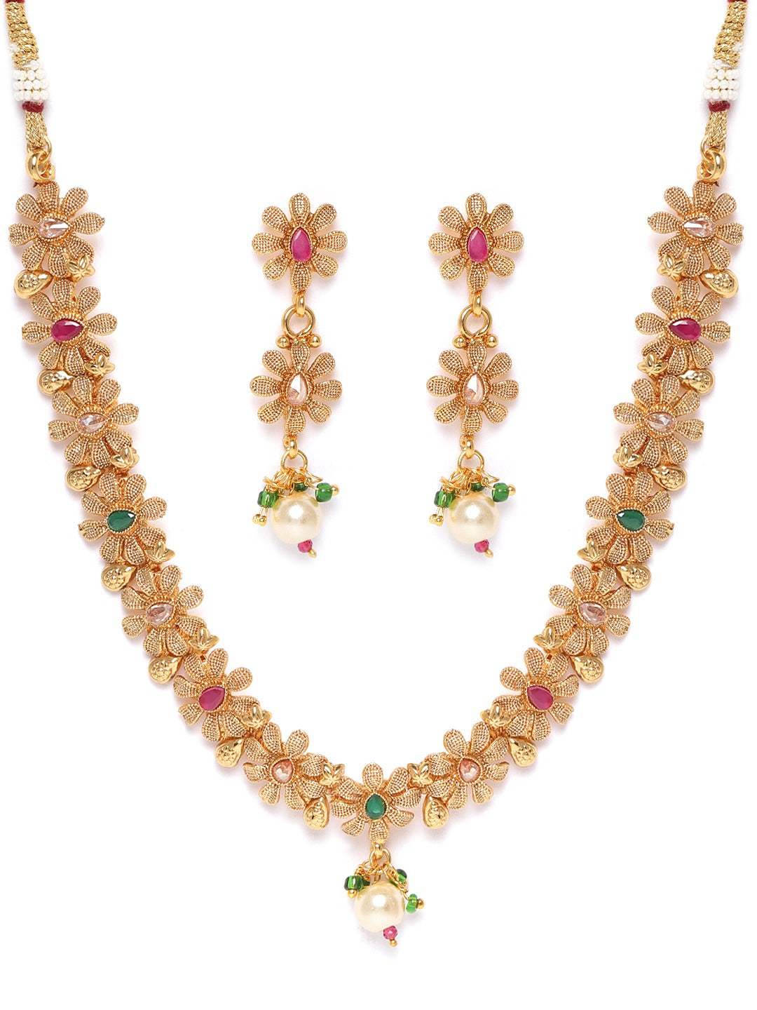 Priyaasi Women Ruby Emerald Stones Pearls Gold-Polished Floral Jewellery Set - Swadesiicart