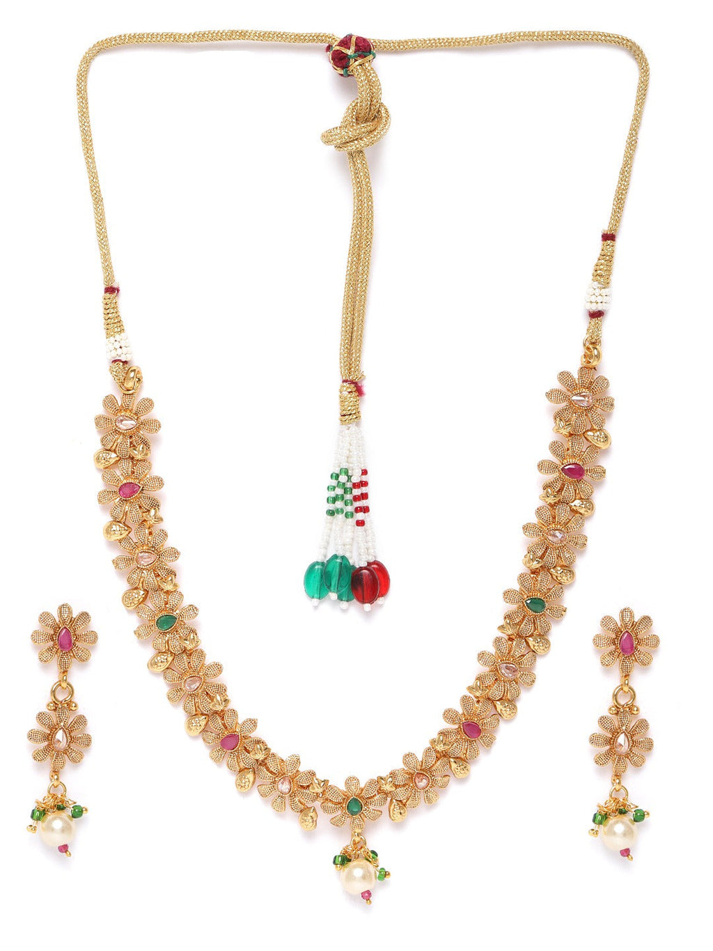Priyaasi Women Ruby Emerald Stones Pearls Gold-Polished Floral Jewellery Set - Swadesiicart