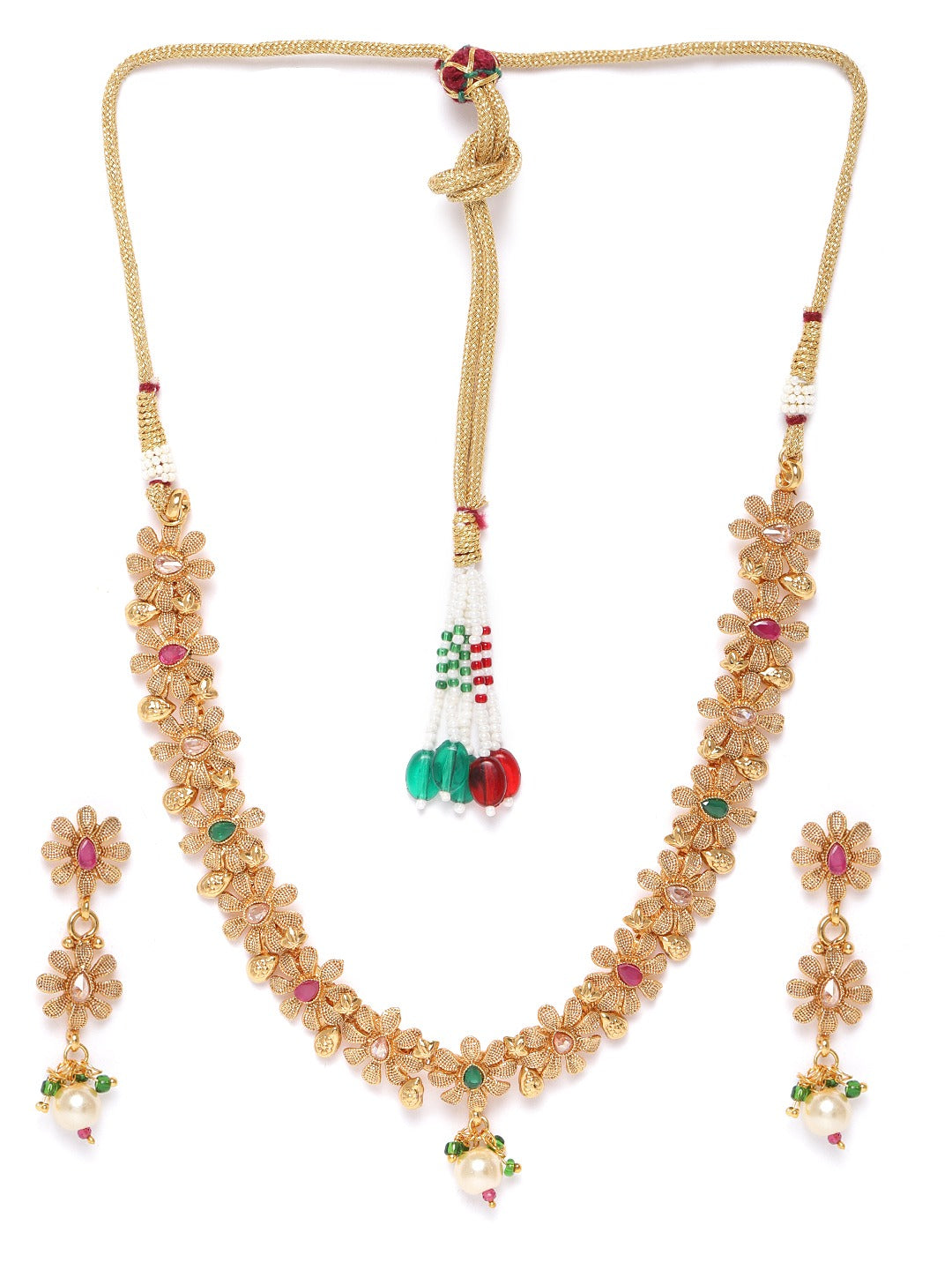 Priyaasi Women Ruby Emerald Stones Pearls Gold-Polished Floral Jewellery Set - Swadesiicart