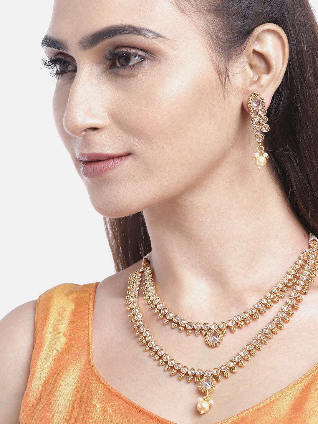 Priyaasi Women Kundan Pearls Beads Gold-Polished Layered Jewellery Set - Swadesiicart