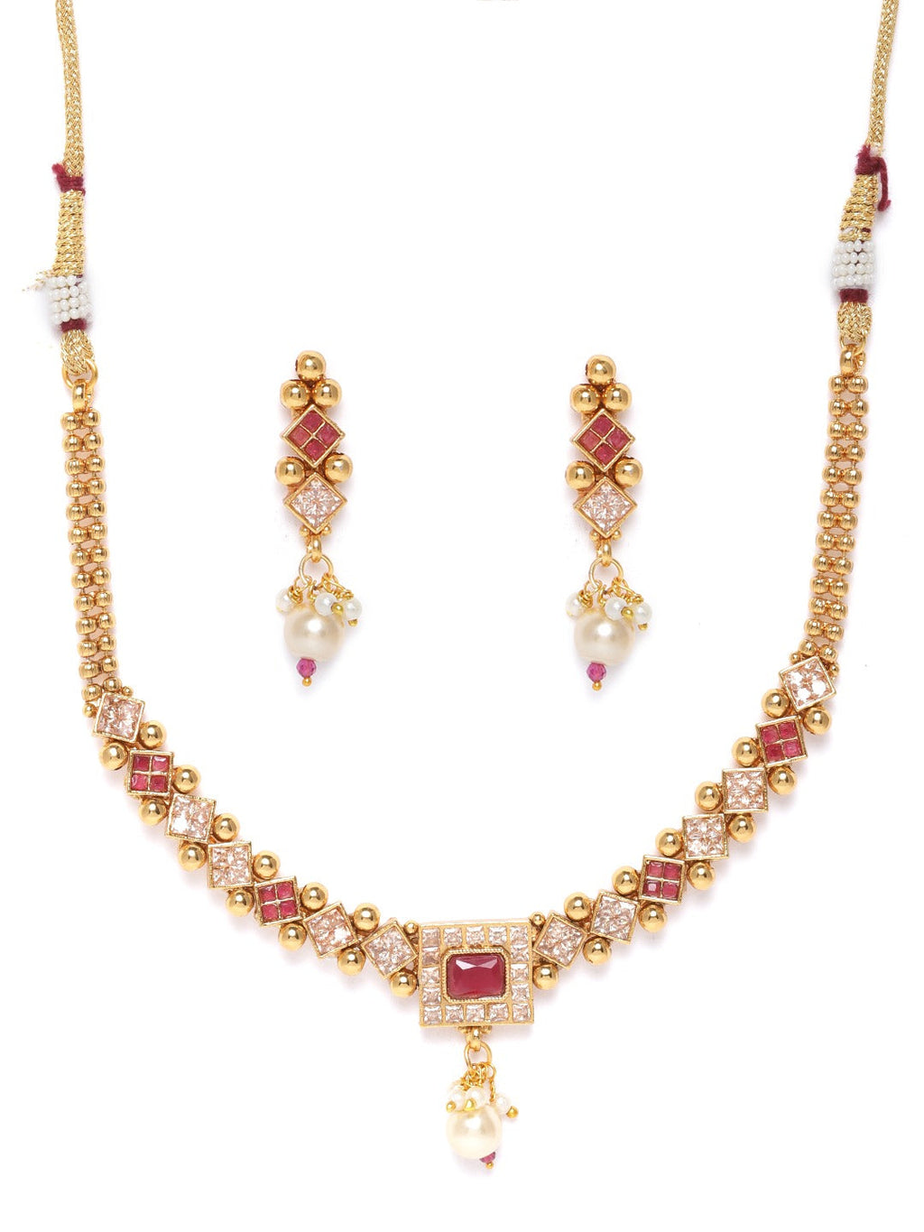 Priyaasi Women Ruby Stones Pearls Beads Gold-Polished Jewellery Set - Swadesiicart