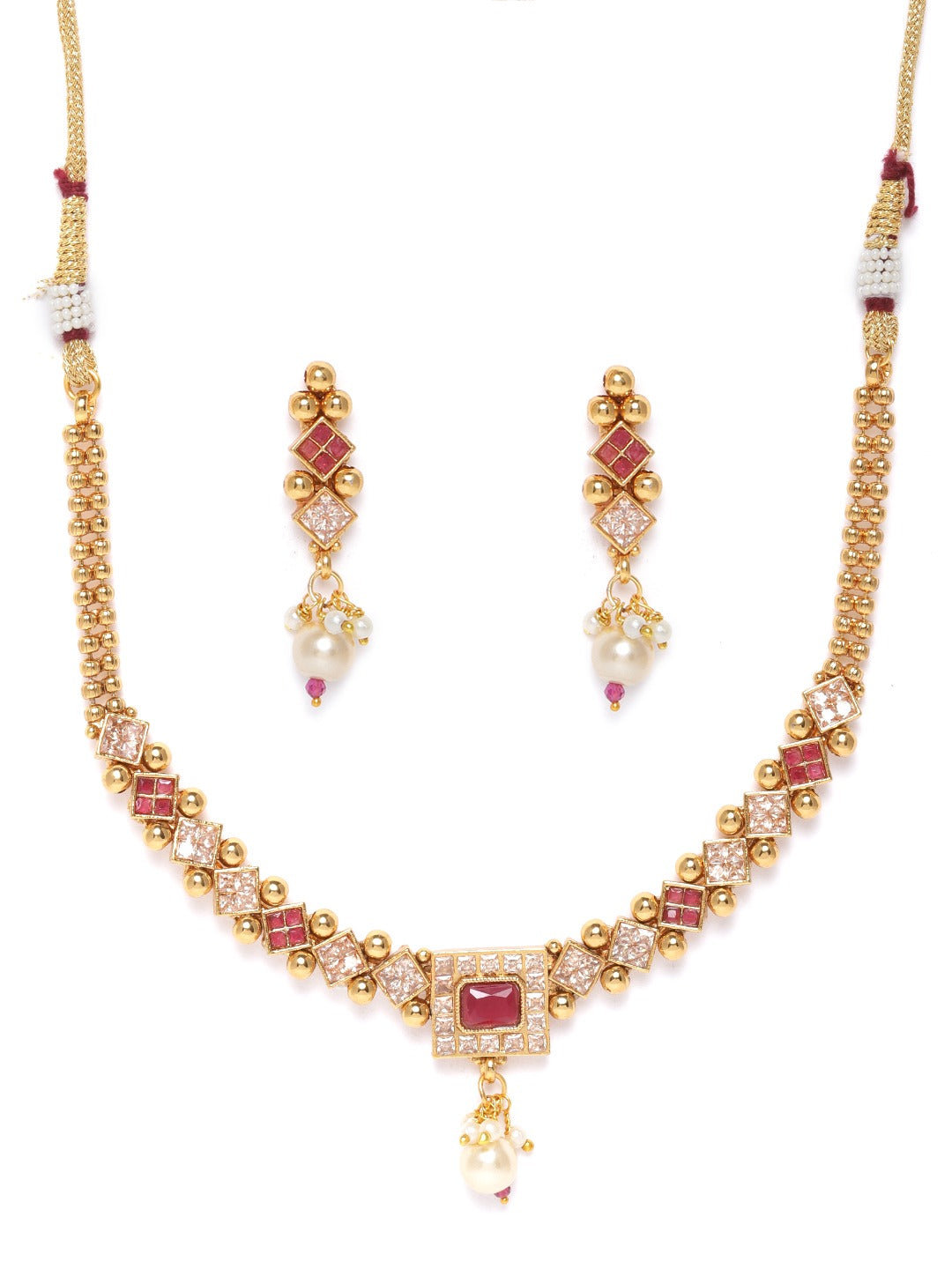 Priyaasi Women Ruby Stones Pearls Beads Gold-Polished Jewellery Set - Swadesiicart