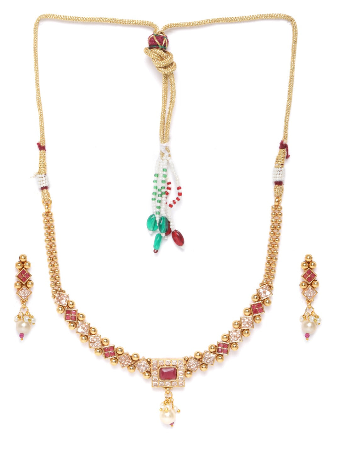 Priyaasi Women Ruby Stones Pearls Beads Gold-Polished Jewellery Set - Swadesiicart