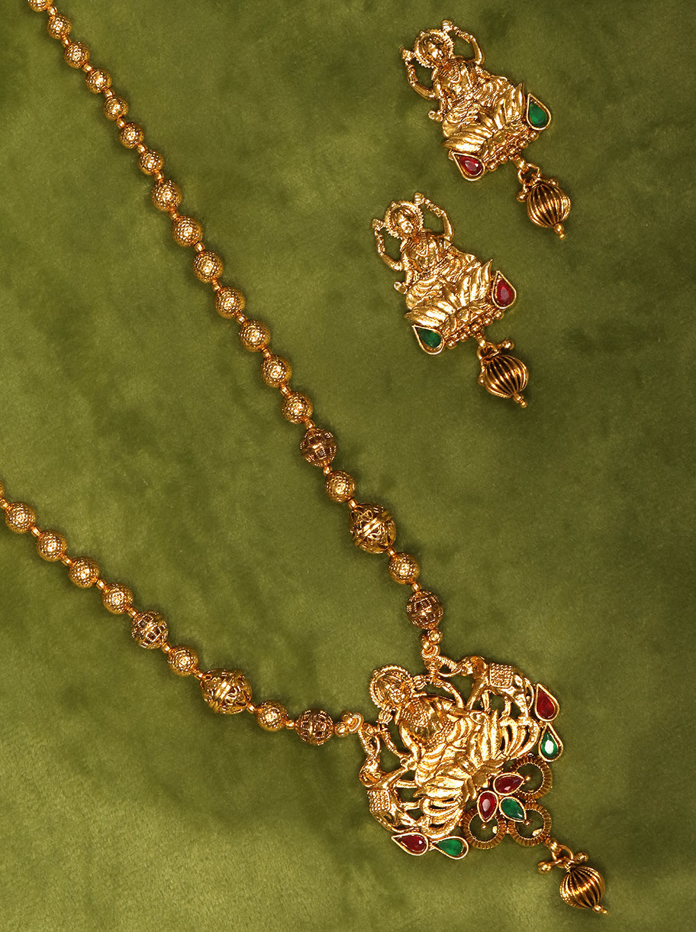 Priyaasi Women Ruby Emerald Beads Gold-Polished Temple Jewellery Set - Swadesiicart