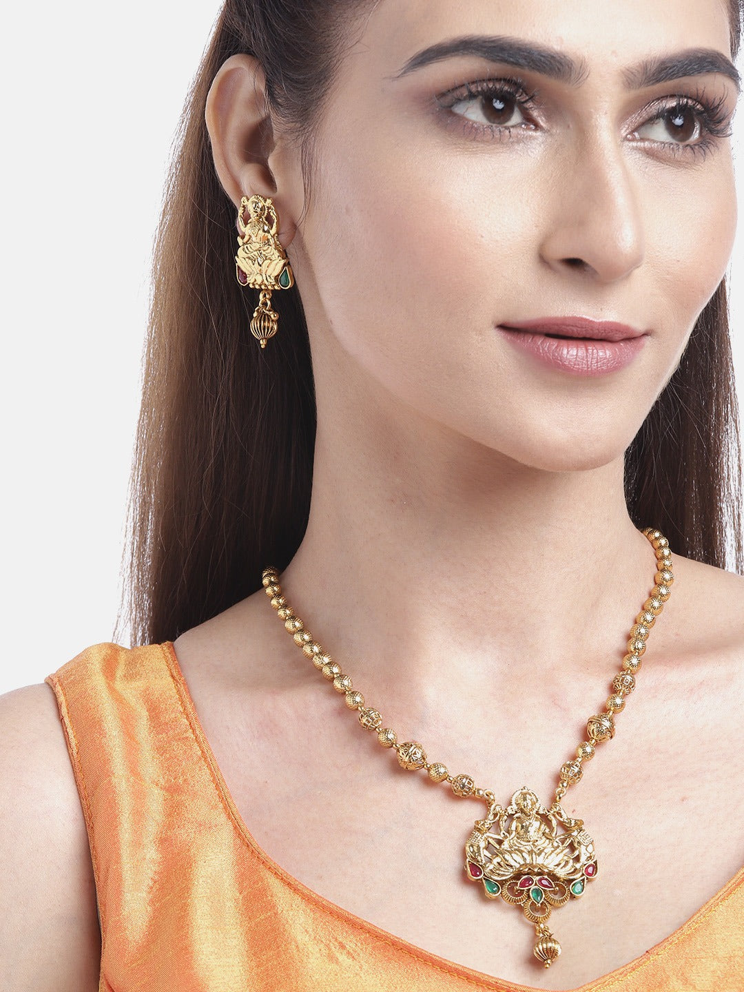 Priyaasi Women Ruby Emerald Beads Gold-Polished Temple Jewellery Set - Swadesiicart