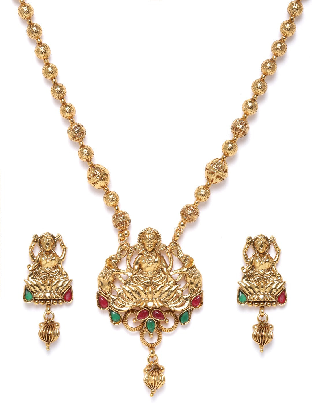 Priyaasi Women Ruby Emerald Beads Gold-Polished Temple Jewellery Set - Swadesiicart